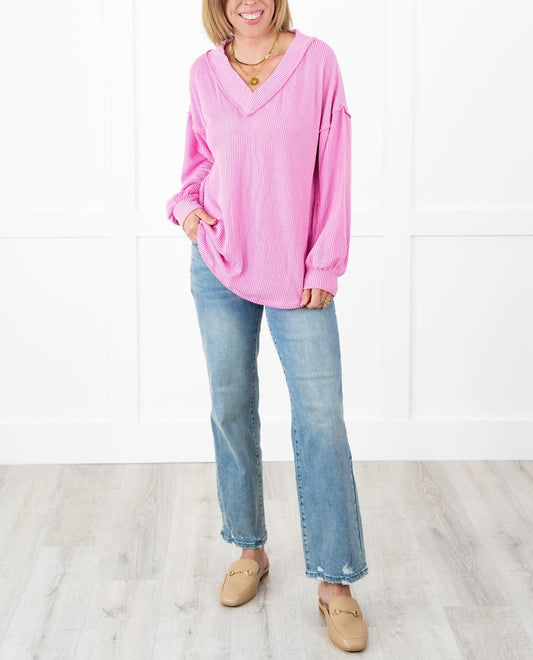 Women's Ribbed Long Sleeve V-Neck Pullover Tops (Buy 2 Free Shipping)