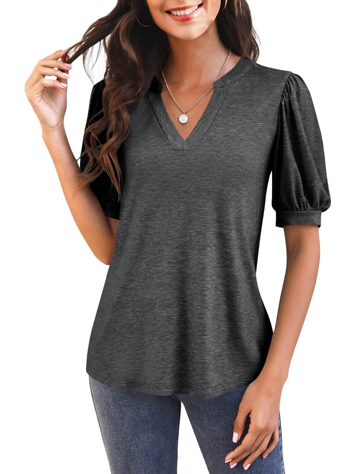 Women's V Neck Puff Sleeve Basic T-shirt (Buy 3 Free Shipping)