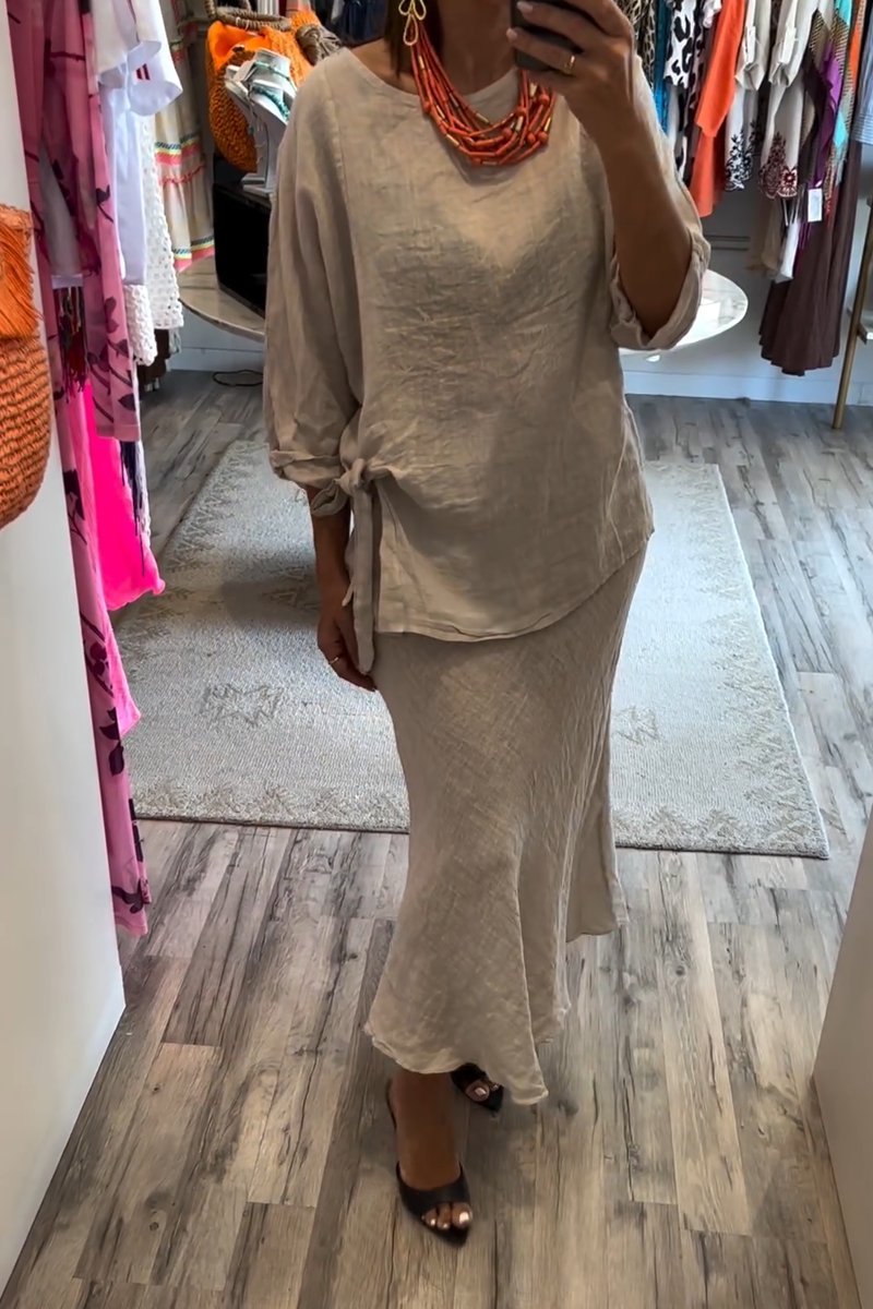 Women's casual round neck top cotton and linen skirt suit