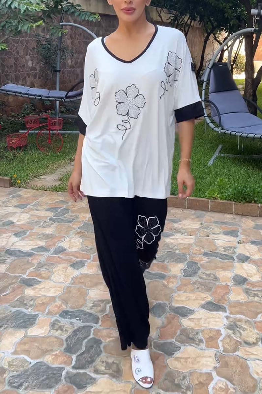 Women's Casual Diamond Embellished Printed Pants Two-Piece Set