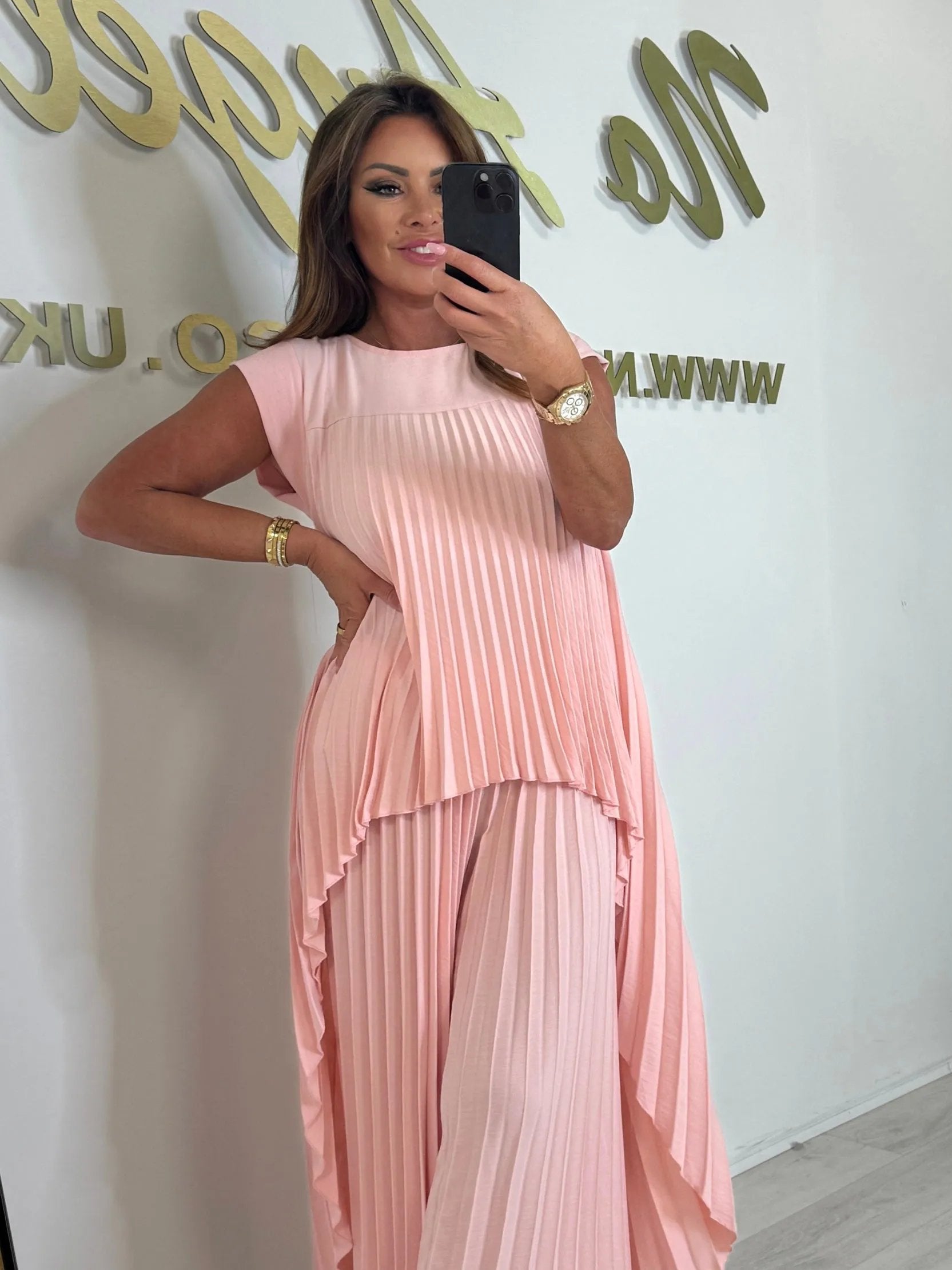 Irregular High-Low Pleated Top + Pants Two-Piece Suit