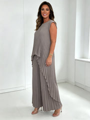 Irregular High-Low Pleated Top + Pants Two-Piece Suit