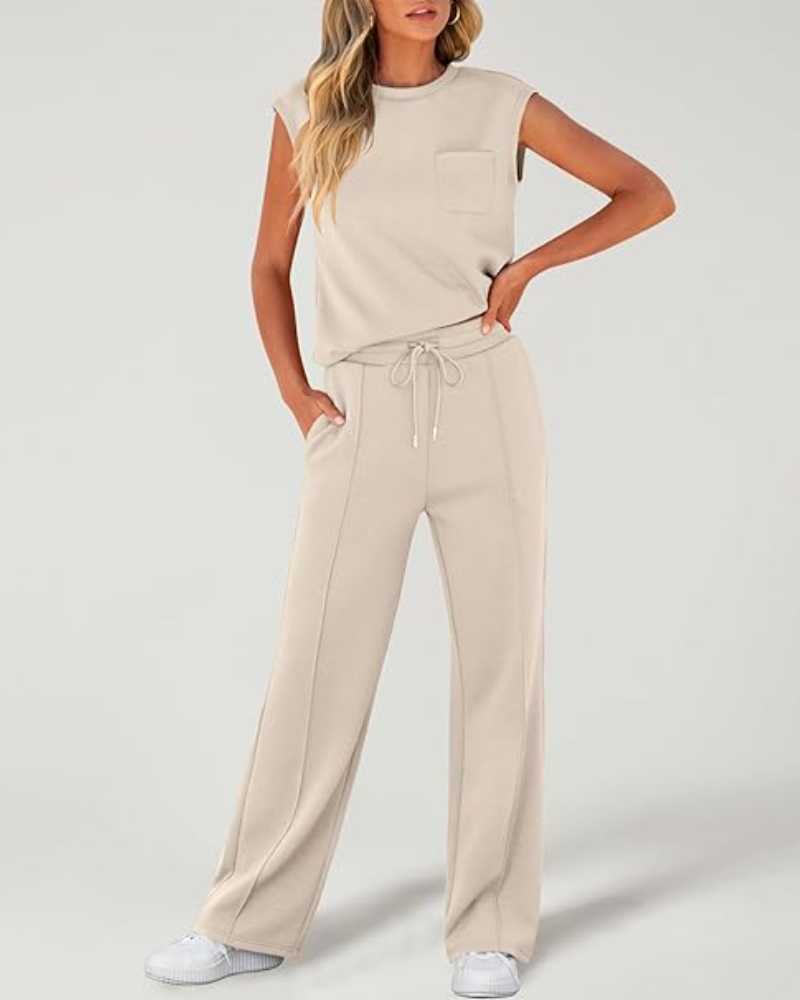 Ensemble deux pièces caraco uni et pantalon large à taille coulissée pour femme