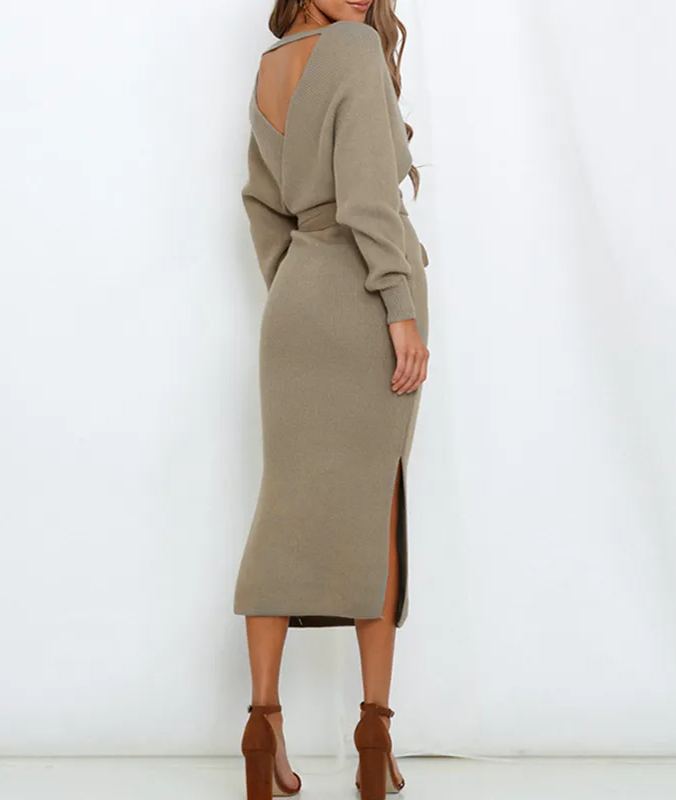 Women's Wrap V Neck Slit Sweater Dresses (Buy 2 Free Shipping)