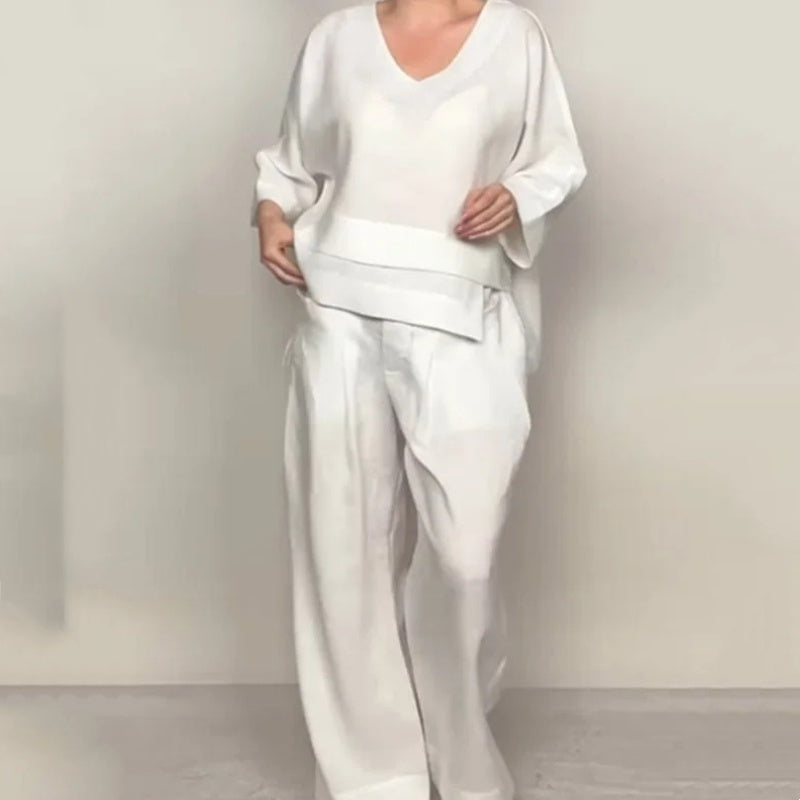 Irregular Hem Cotton Linen Short Sleeve Casual 2-Piece Set